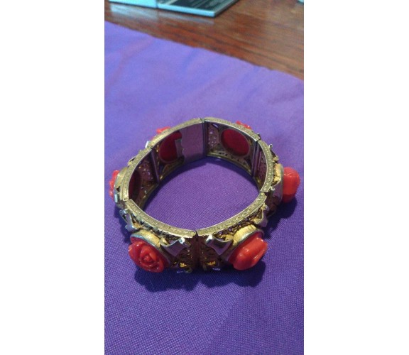 Bracciale vintage artigianale argento con doratura, corallo rosa incastonato, 18