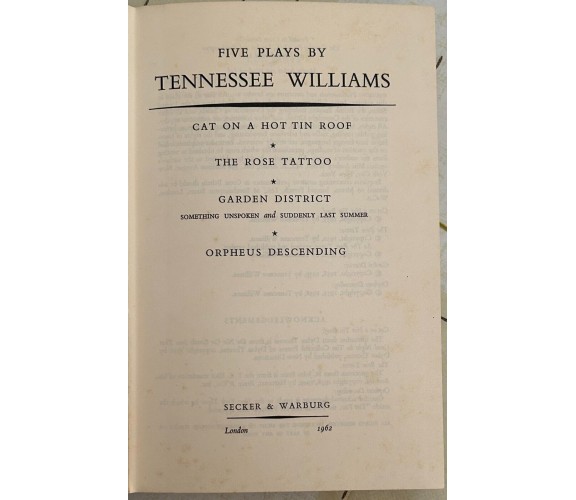 Five Plays by Tennesse Williams di Tennesse Williams, 1962, Secker & Warburg