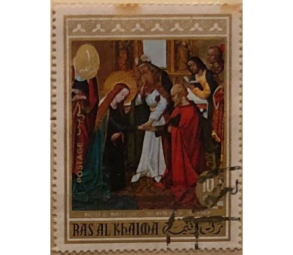 Francobollo Stamp 10 Dh Master of Mary’s life The marriage of the Virgin Ras Al 