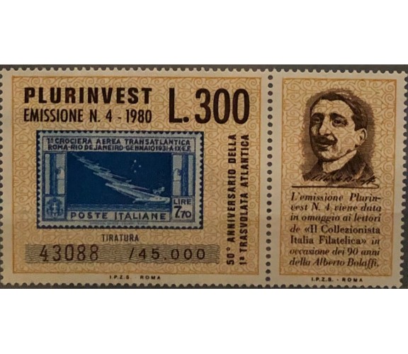 Francobollo Stamp Lire 300 1980 Plurinvest Tiratura 43088/45000 Anniversario Tra