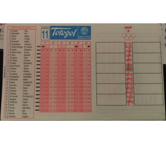 TOTOGOL SCHEDA  N° 11 A 32 PARTITE DEL 20 10 2000